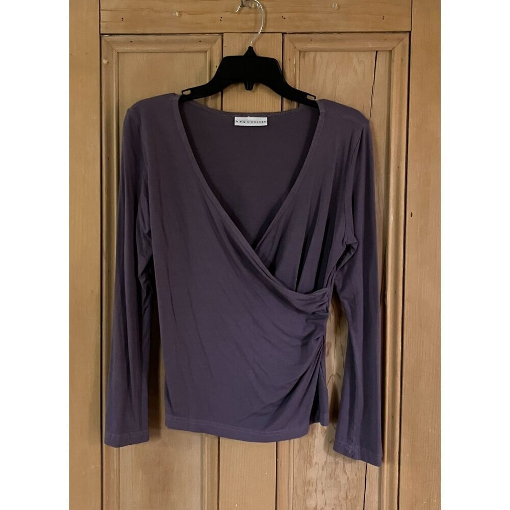 Bryn Walker Women Faux Wrap USA Made Stretch Blouse Top Size Large Purple SP EXC